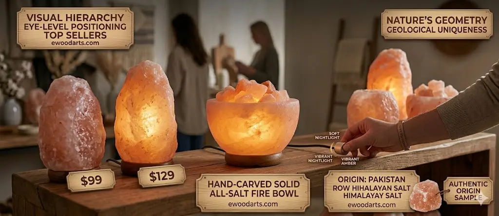 A high-end retail display setup illustrating visual merchandising strategies for salt lamps: eye-level placement of top-selling units, interactive dimmer switch demonstration, and storytelling placards about authentic geological origins from Pakistan, featuring an artisanal hand-carved fire bowl lamp.