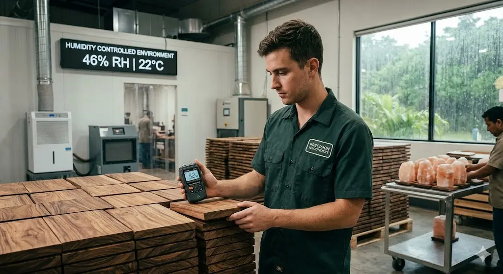 A craftsman using a digital moisture meter to test rosewood lamp bases in a humidity-controlled workshop to prevent wood warping.