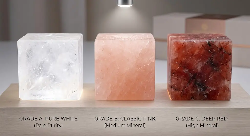 A comparison of Himalayan salt crystal grades: Grade A Pure White for rare purity, Grade B Classic Pink for medium minerals, and Grade C Deep Red for high mineral content, shown with bottom lighting to demonstrate light transmittance.