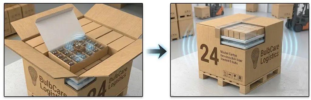 A high-angle shot of a professional 24-pack corrugated bulb box. Each spare bulb is isolated in an individual cell using thick cardboard dividers to prevent glass-on-glass contact. The box is shown within a reinforced master carton, demonstrating our zero-damage logistics strategy for international wholesale orders.