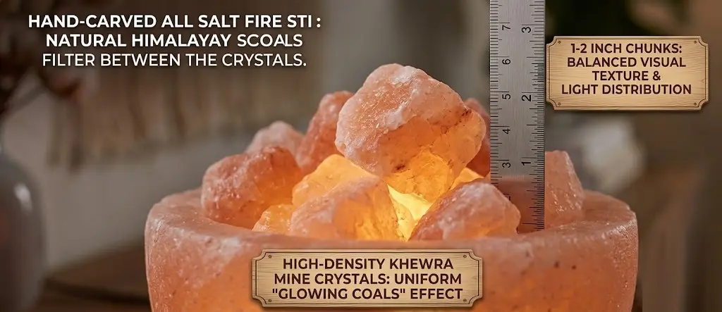 A close-up of a fire bowl salt lamp showing 1-2 inch high-density salt chunks measured by a ruler to ensure optimal light distribution and a consistent glowing coals effect.