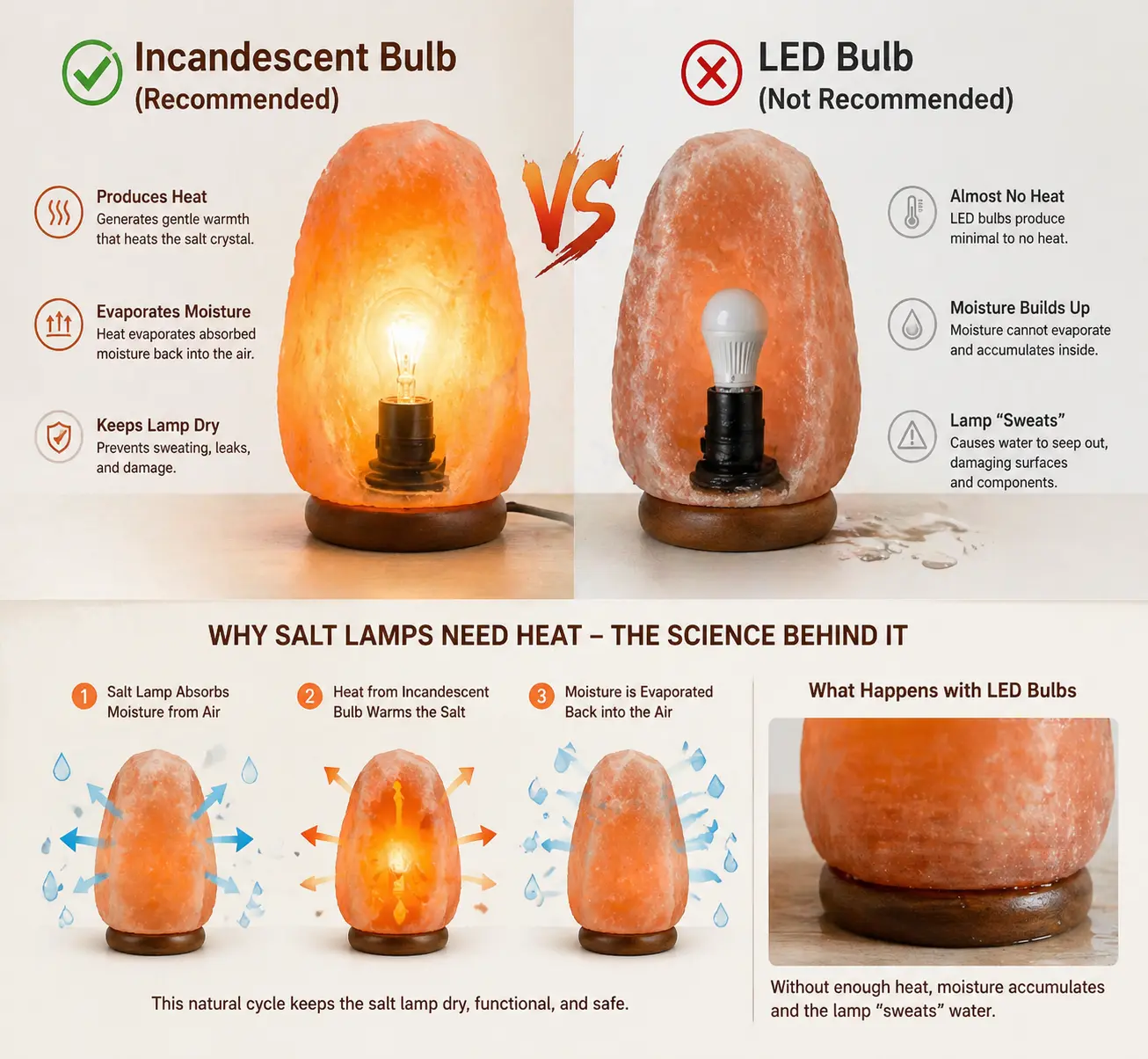 Infographic showing the difference between incandescent and LED bulbs in Himalayan salt lamps, explaining why heat from incandescent bulbs is necessary to evaporate moisture and keep the lamp dry, with diagrams illustrating the moisture cycle and LED bulb issues.