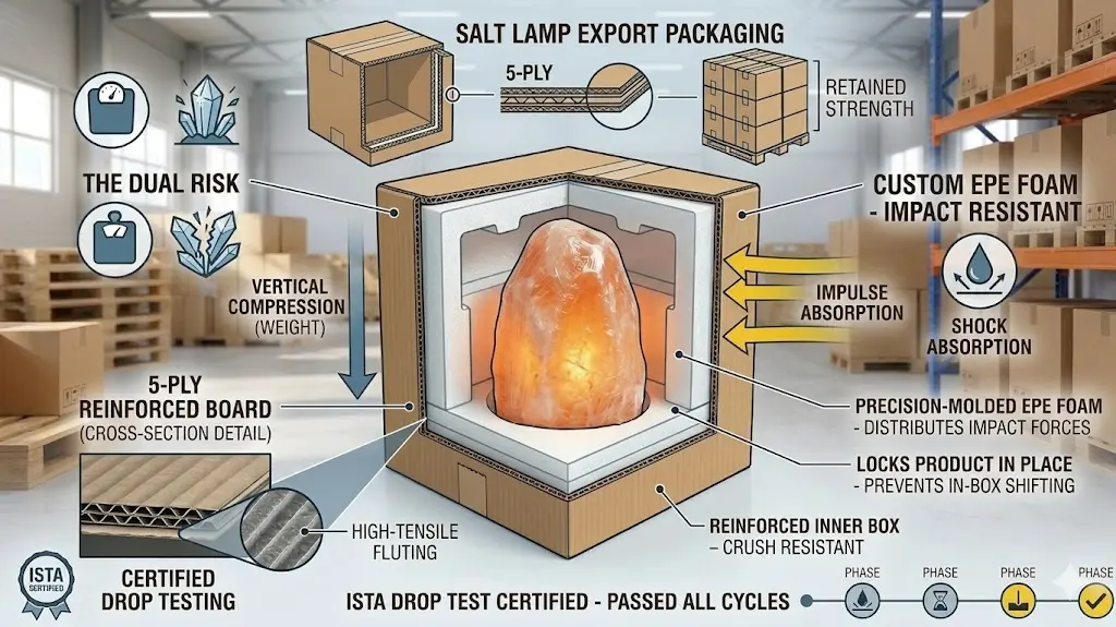 Simplified infographic showing the export-engineered packaging for Himalayan salt lamps, featuring 5-ply reinforced boards and custom EPE foam to prevent transit damage.