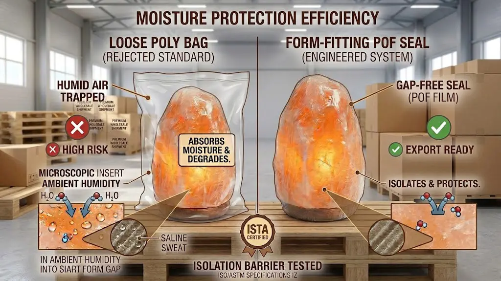 Comparison diagram showing why form-fitting POF shrink film provides superior moisture protection over loose poly bags for Himalayan salt lamps, preventing saline sweat and degradation during shipping.