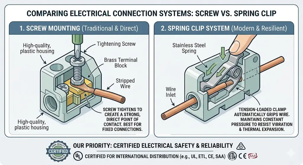 Technical comparison diagram between Screw Mounting and Spring Clip electrical connection systems. Showing traditional screw clamping vs. vibration-resistant tension spring clamps with UL, ETL, CE, and SAA certification logos.