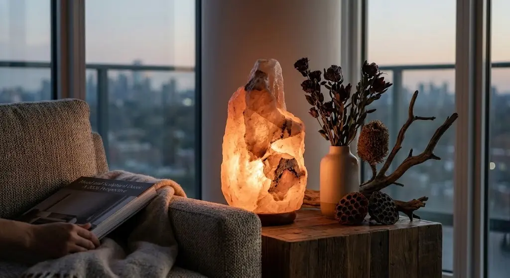 A sculptural, hand-carved Himalayan salt lamp emitting a warm ambient glow in a modern, silent luxury living room, illustrating 2026 interior decor trends of artistic and mood-driven installations.