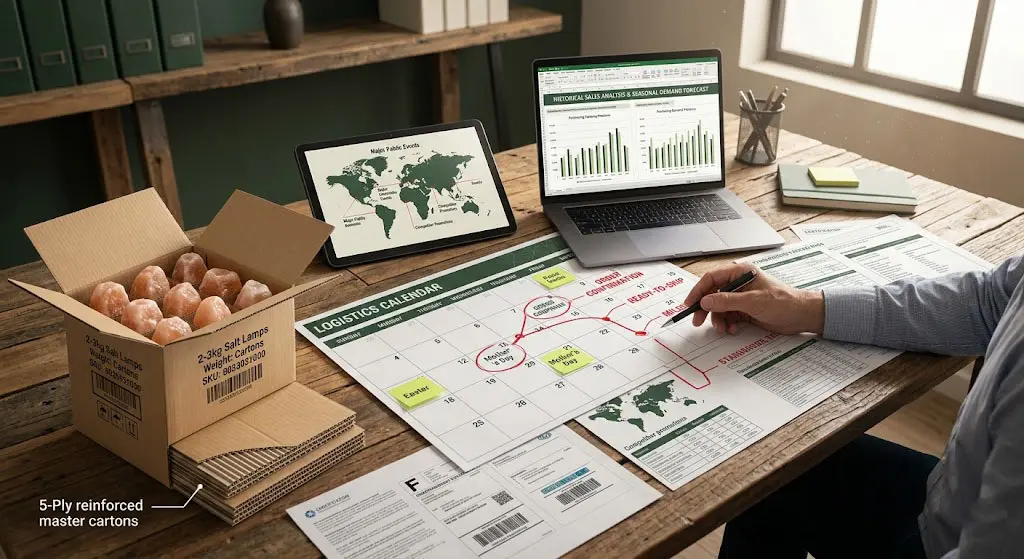 A professional logistics planning desk with a global shipping calendar, historical sales analysis on a laptop, and standardized 5-ply reinforced master cartons containing 2-3kg salt lamps, demonstrating B2B seasonal demand forecasting