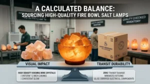 A sourcing guide infographic for fire bowl salt lamps, balancing the visual impact of high-density Khewra Mine crystals with transit durability and reinforced export packaging.