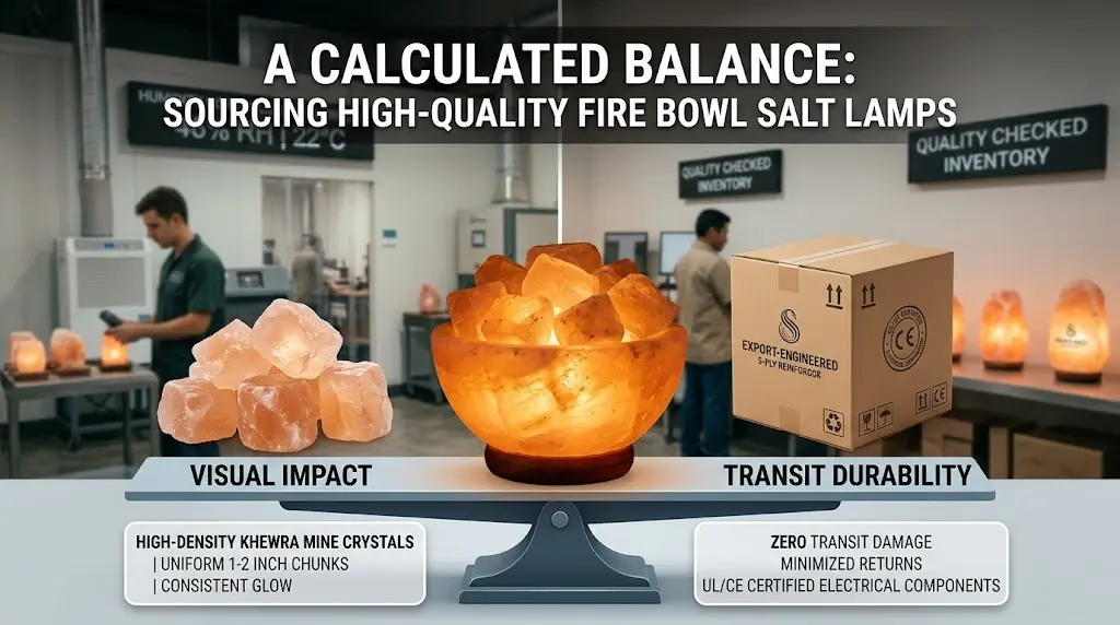 A sourcing guide infographic for fire bowl salt lamps, balancing the visual impact of high-density Khewra Mine crystals with transit durability and reinforced export packaging.