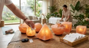 A collection of various geometric Himalayan salt lamps with UL-certified dimmer switches in a professional spa environment, showcasing moisture-controlled processing for commercial sourcing.