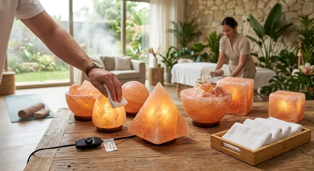 A collection of various geometric Himalayan salt lamps with UL-certified dimmer switches in a professional spa environment, showcasing moisture-controlled processing for commercial sourcing.
