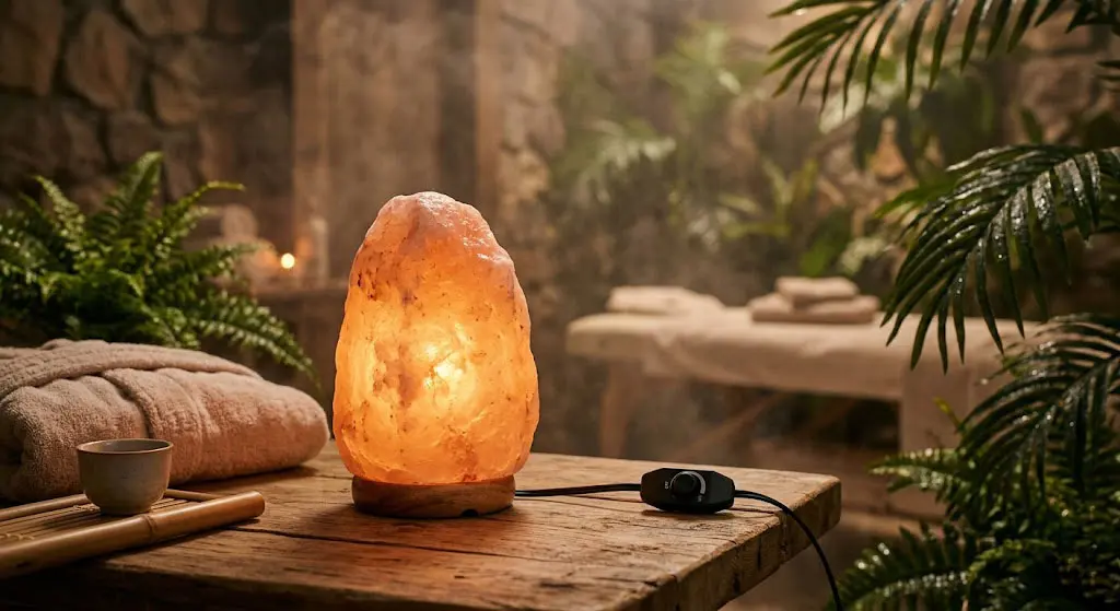 A glowing Himalayan salt lamp with a dimmer switch in a humid spa environment