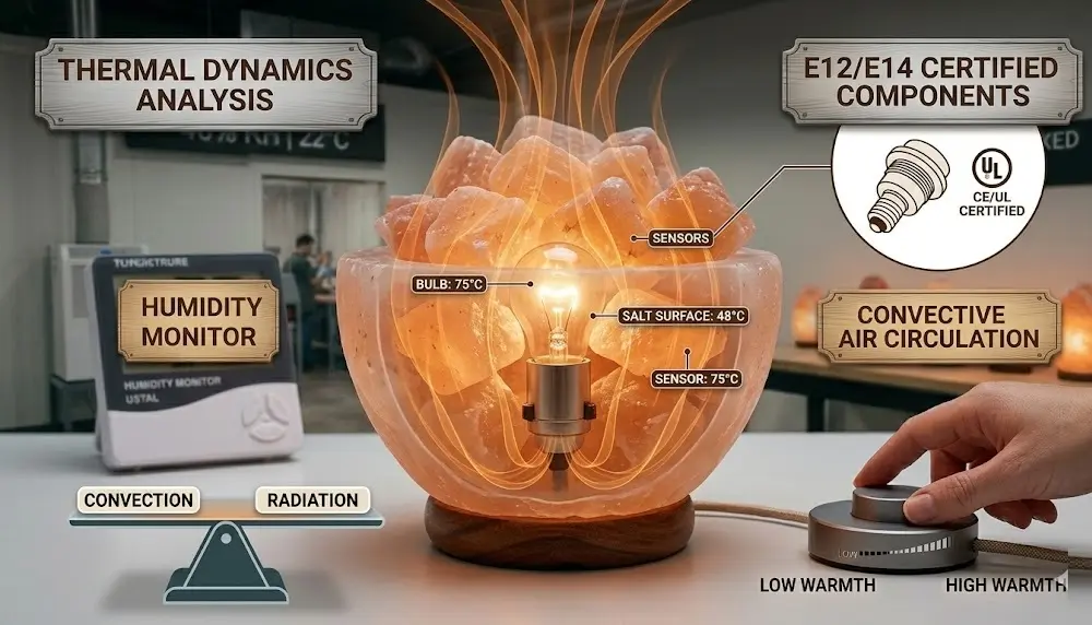 A technical diagram showing the thermal performance of a fire bowl salt lamp: illustrating convective air currents rising through loose salt chunks and the heat-resistant E12/E14 bulb holder assembly for safe, even warmth distribution.