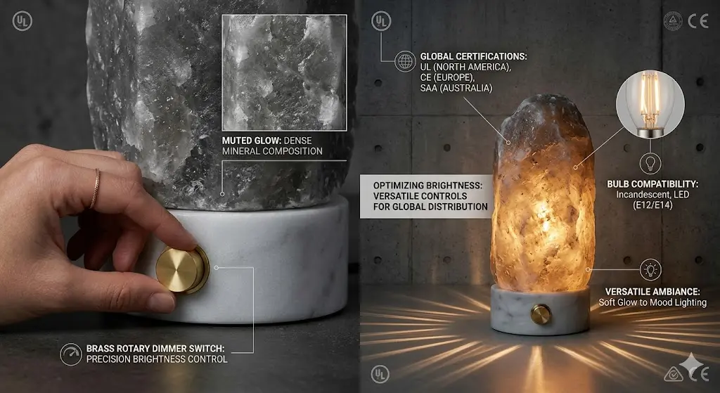 An infographic showing the electrical safety features of a grey Himalayan salt lamp. Highlights include a brass rotary dimmer switch for precise brightness control and global certifications such as UL for North America, CE for Europe, and SAA for Australia. Labeled with bulb compatibility for LED and incandescent E12/E14 bases.