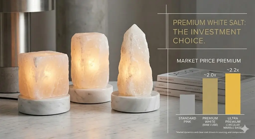 Comparison chart showing market price premium for white Himalayan salt lamps with circular marble bases versus standard pink salt lamps.