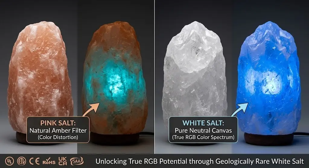 Comparison of RGB LED light diffusion: Pink salt lamp causes color distortion with an amber filter effect, while White Himalayan salt lamp acts as a pure neutral canvas for true RGB color spectrum reproduction. Features UL, CE, RoHS, and SAA certified components.