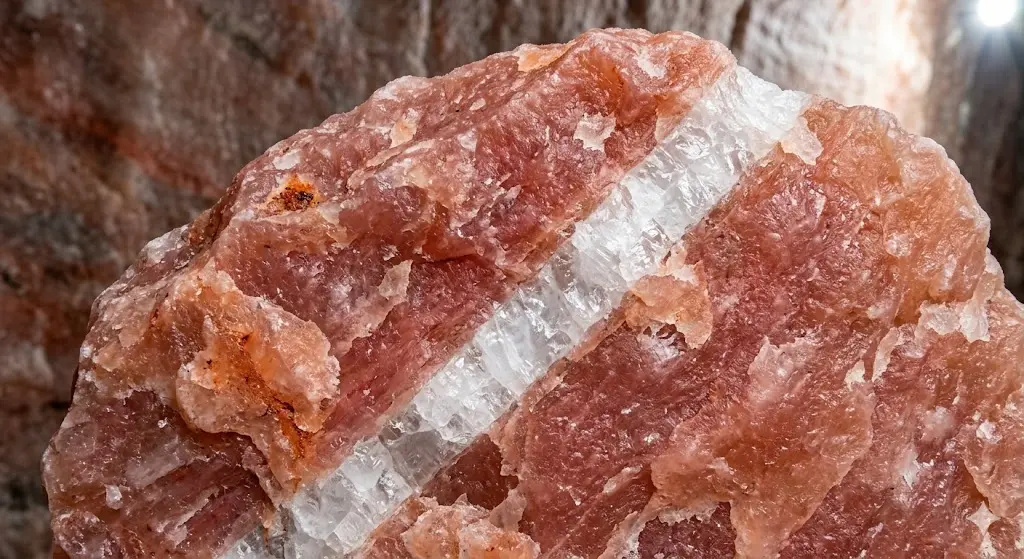 A rare formation of a pure white salt vein captured within the iron-rich pink deposits of the Khewra Mine.