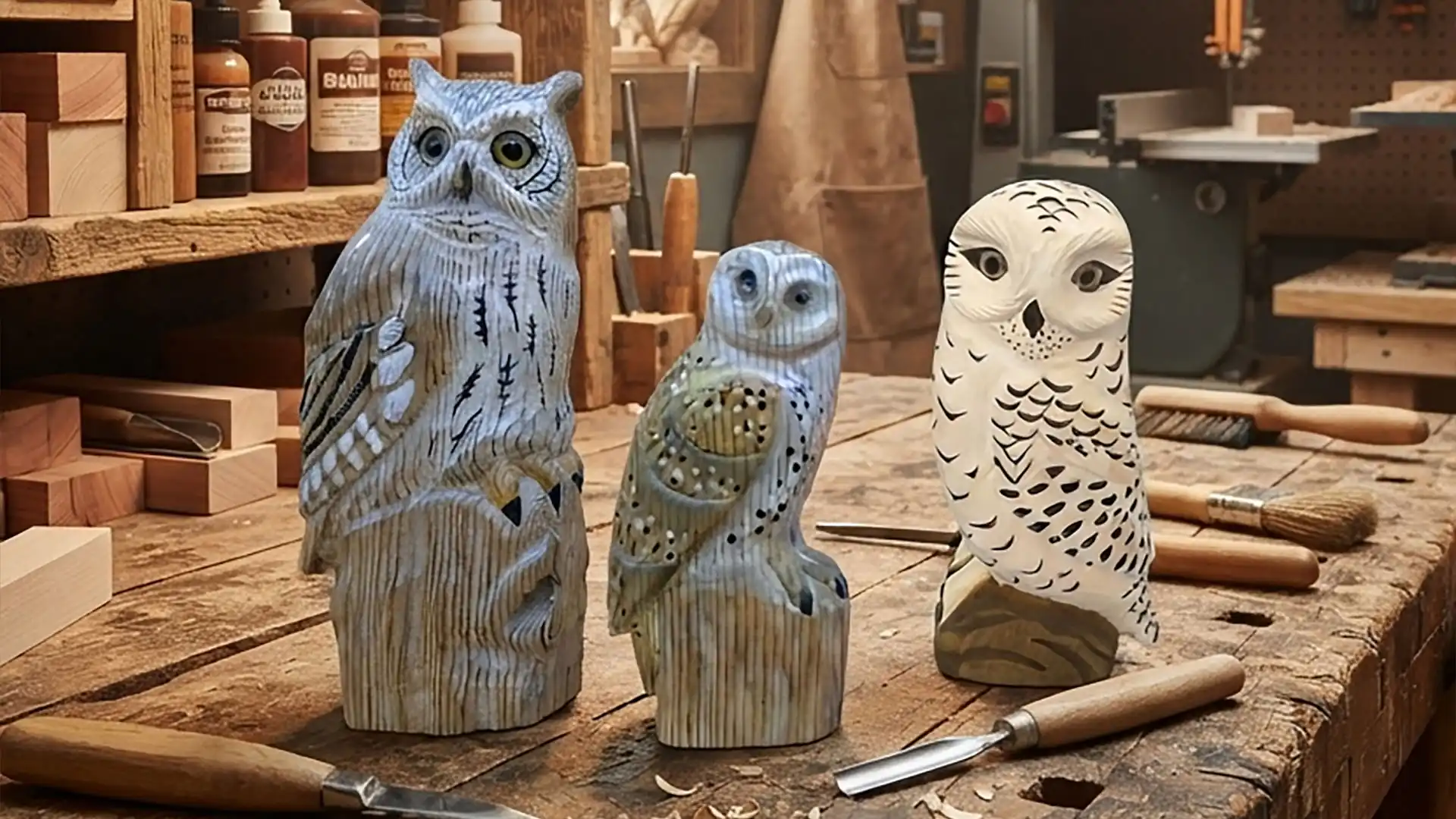 Handcrafted wooden owl wood carving wholesale on a workshop workbench at our Jilin factory, showcasing factory-direct B2B production.