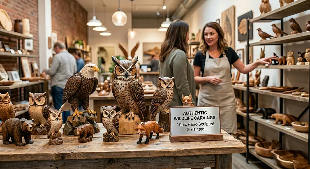 Hand-carved wood owl and eagle sculptures displayed in a premium gift shop.