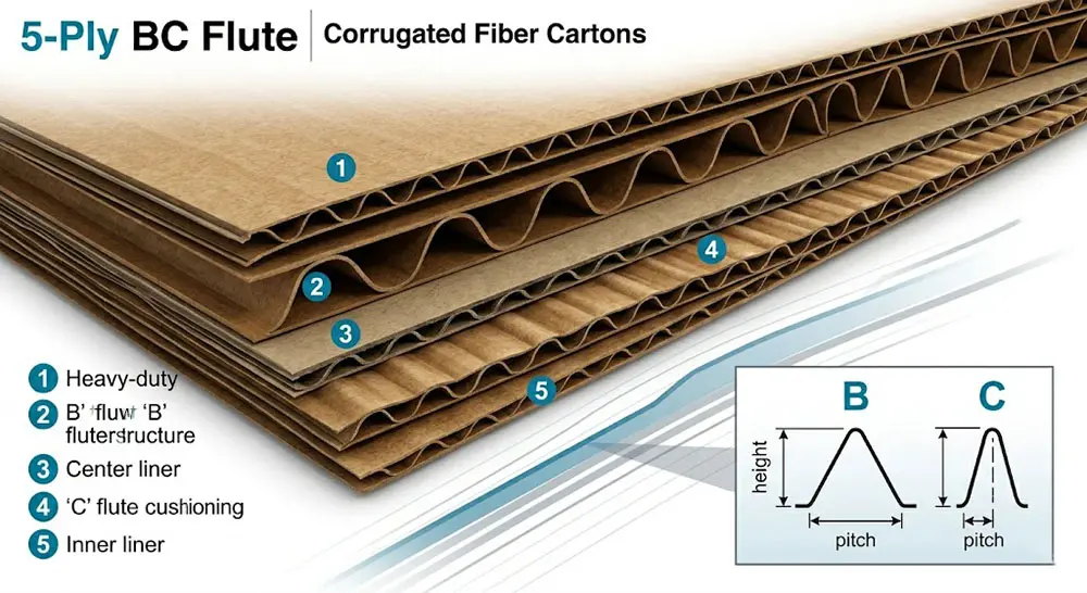 Cross-section of 5-ply BC flute corrugated fiberboard carton layers