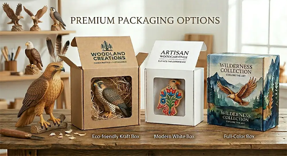 Custom premium packaging options for handcrafted wooden eagle carvings, including eco-friendly Kraft box, modern white box, and full-color printed box with watercolor eagle illustration.