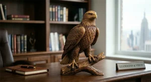 100% hand-carved premium wooden eagle statue with outspread wings on an executive office desk, representing vision and corporate strength.