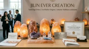 A professional B2B display of glowing Himalayan salt lamps paired with natural gemstones and crystals. The setting includes wholesale catalogs and certificates of origin on a modern booth, illustrating premium wellness product sourcing for bulk buyers.