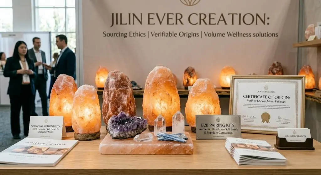 A professional B2B display of glowing Himalayan salt lamps paired with natural gemstones and crystals. The setting includes wholesale catalogs and certificates of origin on a modern booth, illustrating premium wellness product sourcing for bulk buyers.