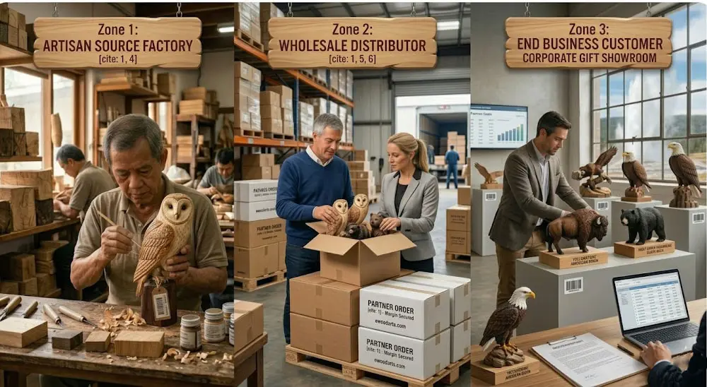 A three-section B2B2B supply chain diagram showing a Chinese source factory artisan carving a lizard on the left, a wholesale distributor inspecting wooden owl and bear figures in a modern warehouse in the center, and a national park corporate gift buyer sealing a retail deal with a handshake on the right.