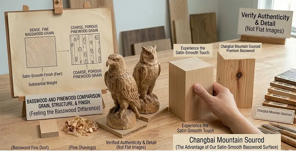 A comparison of wood types for carving, featuring a rough-cut hand-carved eagle and owl.