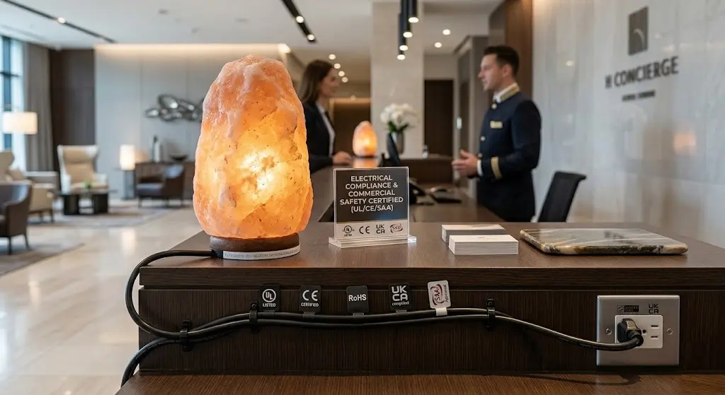 A professional Himalayan salt lamp displayed on a hotel reception desk, featuring UL, CE, and SAA certified electrical components and neat cable management for commercial fire safety compliance.