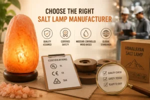 Glowing Himalayan salt lamp on a wooden surface with icons representing certified components, stable wood bases, and global standards, with a blurred factory background emphasizing quality inspection and professional manufacturing.