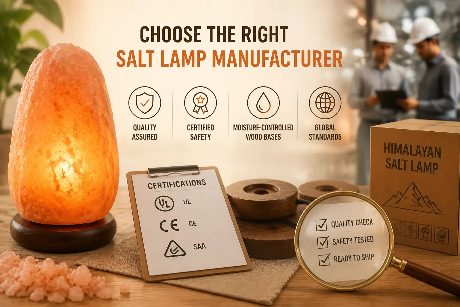 Glowing Himalayan salt lamp on a wooden surface with icons representing certified components, stable wood bases, and global standards, with a blurred factory background emphasizing quality inspection and professional manufacturing.
