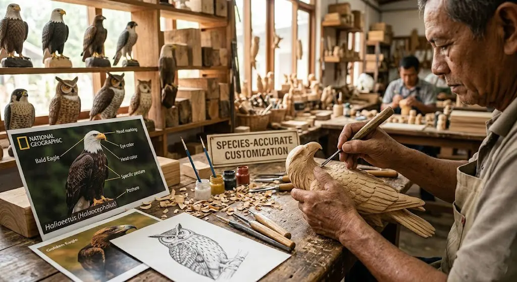 Artisan hand-carving a specific Bald Eagle species from FSC-certified wood in a factory workshop, focusing on majestic raptor realism for national park souvenirs.