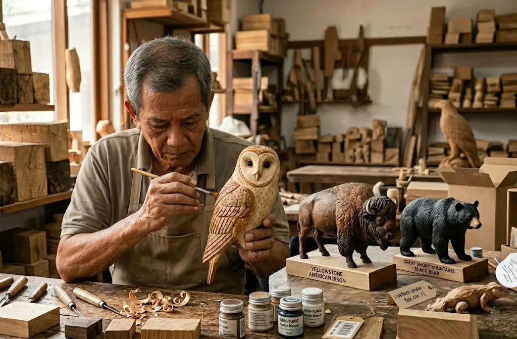 An experienced senior artisan hand-painting a custom wooden owl carving in a workshop, with custom-ordered Yellowstone American Bison and Great Smoky Mountains Black Bear wooden figures on the workbench for national park gift shops