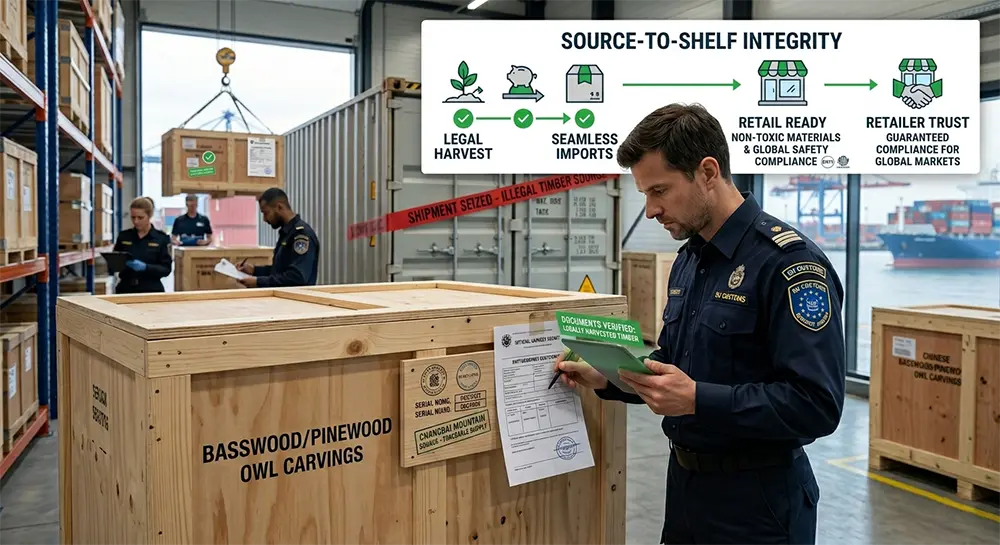 A customs officer in uniform inspects a wooden crate labeled