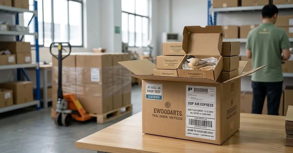 Professional warehouse fulfillment of Ewoodarts wood carvings. A shipping carton features a clear DDP Air Express label, ensuring all duties and taxes are paid for hassle-free door-to-door delivery to e-commerce stores.