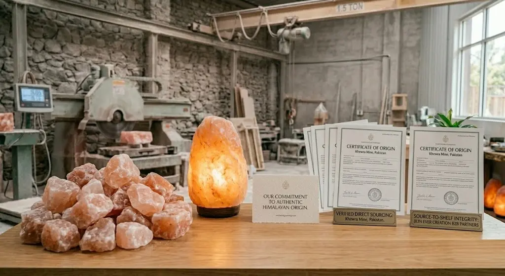 A professional, static macro shot inside Jilin Ever Creation's factory of unrefined pink salt chunks from Khewra Mine, Pakistan, displayed with official Certificates of Origin and localized B2B compliance documentation. No figures are present, focusing on the localized verification of direct sourcing and authenticity.