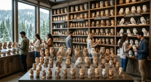a diverse collection of hand-carved wooden owls on rustic wooden shelves