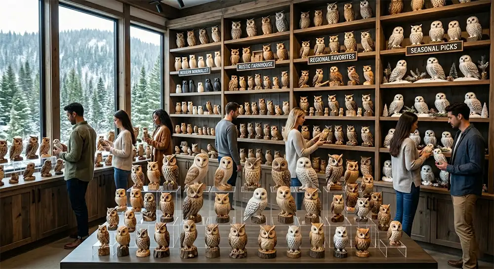 a diverse collection of hand-carved wooden owls on rustic wooden shelves
