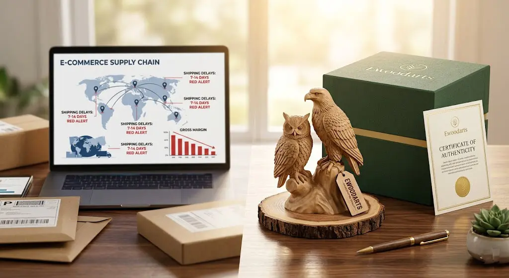 A comparison showing the risks of e-commerce dropshipping with supply chain delays on a laptop screen versus a premium high-margin alternative with Ewoodarts handcrafted wooden owl and eagle carvings next to an eco-luxury gift box.