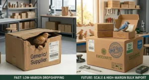 A B2B comparison between fragile dropshipping packaging (left) and Ewoodarts ISTA 3A certified 5-ply BC flute bulk packaging (right). Demonstrating how professional manufacturing standards secure a 70% profit margin for home decor retailers.