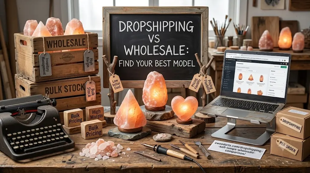 A realistic workshop setup comparing dropshipping and wholesale for Himalayan salt lamps. On a rustic wooden workbench, a vintage typewriter and wooden crates represent the wholesale model on the left, while a laptop and small shipping boxes represent the dropshipping model on the right, centered around glowing pink salt lamps.