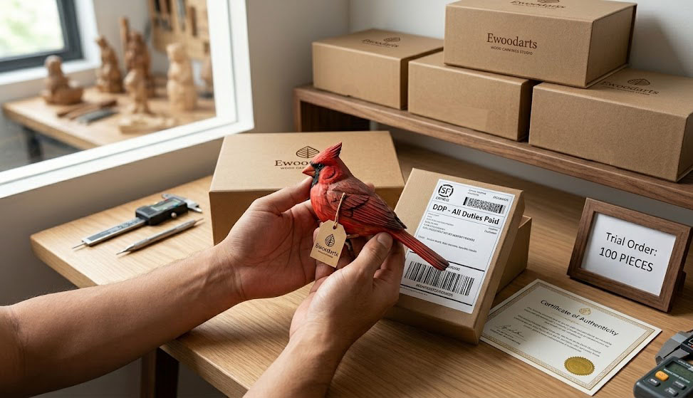 A hands-on inspection of a handcrafted red cardinal bird carving from an Ewoodarts trial order. The image shows minimalist branded kraft paper boxes, a Certificate of Authenticity, and a shipping label marked 'DDP - All Duties Paid', highlighting a low-risk 100-piece entry into premium wholesale sourcing.