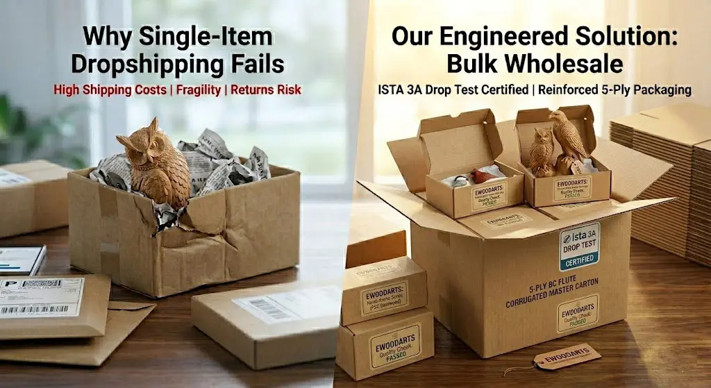 Ewoodarts handcrafted basswood owl and bird carvings displayed in professional export packaging. The image highlights why bulk wholesale is safer than dropshipping, featuring sturdy inner boxes and heavy-duty 5-ply corrugated master cartons.