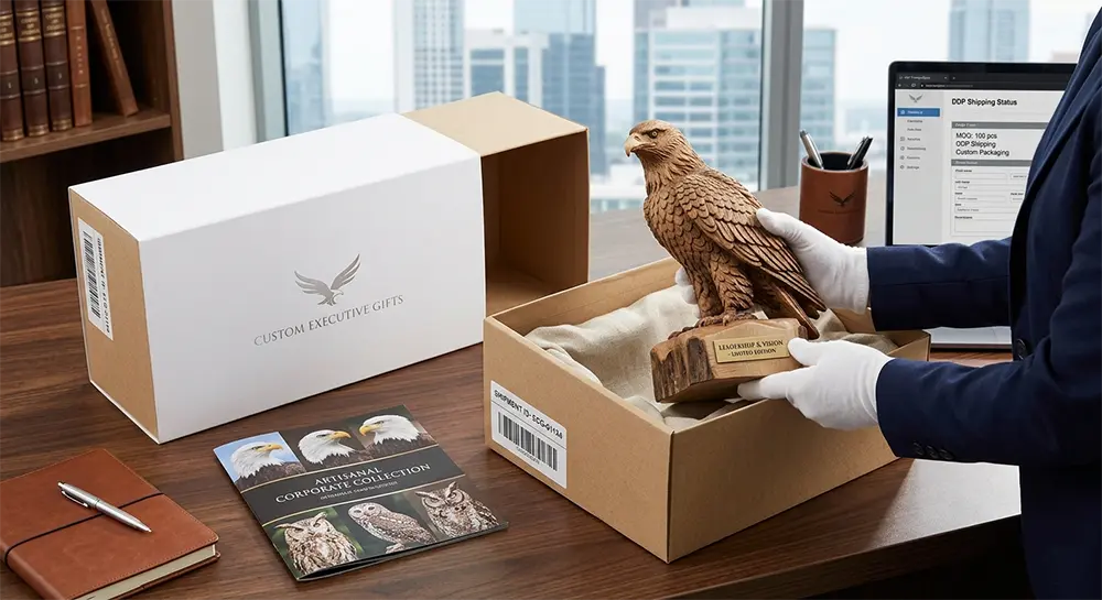 Demonstration of our comprehensive B2B OEM/ODM services for executive gifts, highlighting low MOQ trial orders (100 pcs), custom branding packaging options, complimentary barcode labeling, and secure DDP logistics support.