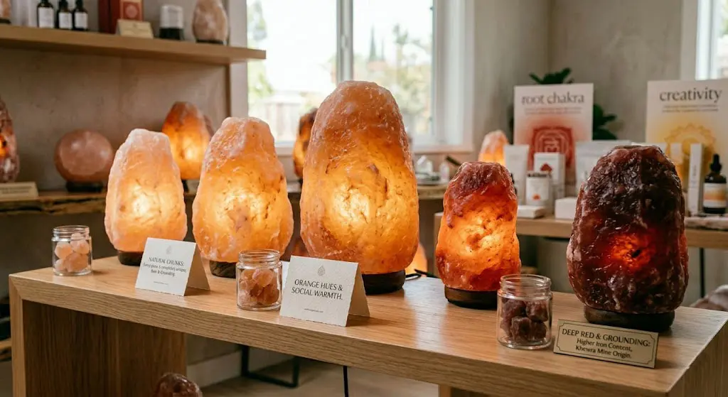 A gradient display of Himalayan salt lamps ranging from soft orange to deep red, highlighting natural mineral variations and their energetic significance in feng shui and wellness.