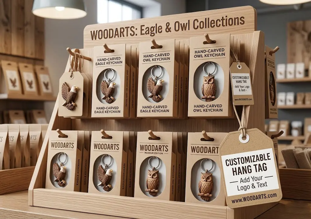 Alt: WoodArts retail wooden display rack showcasing hand-carved eagle and owl keychains in custom kraft card packaging with customizable hang tags.