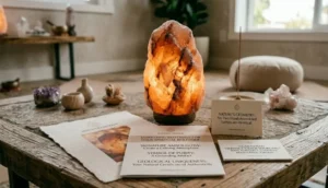 A hand-carved Himalayan salt lamp glowing warmly on a rustic display in a spiritual boutique, surrounded by amethyst and rose quartz crystals. The soft amber light highlights the unique mineral veins and hand-crafted authenticity of the salt crystal.