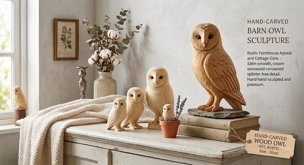 Hand-carved wood barn owl sculptures in various sizes ranging from 5cm to 20cm, displayed on a rustic white cabinet. Featuring smooth basswood textures and natural grain details, perfect for farmhouse and cottage-core home decor wholesale.